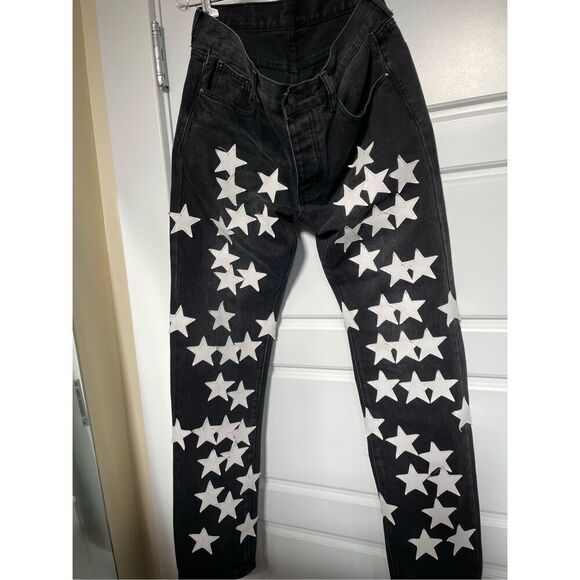 MNML Mens Black Star Straight Leg Embroidered Jeans Size 32 Streetwear - Picture 1 of 6